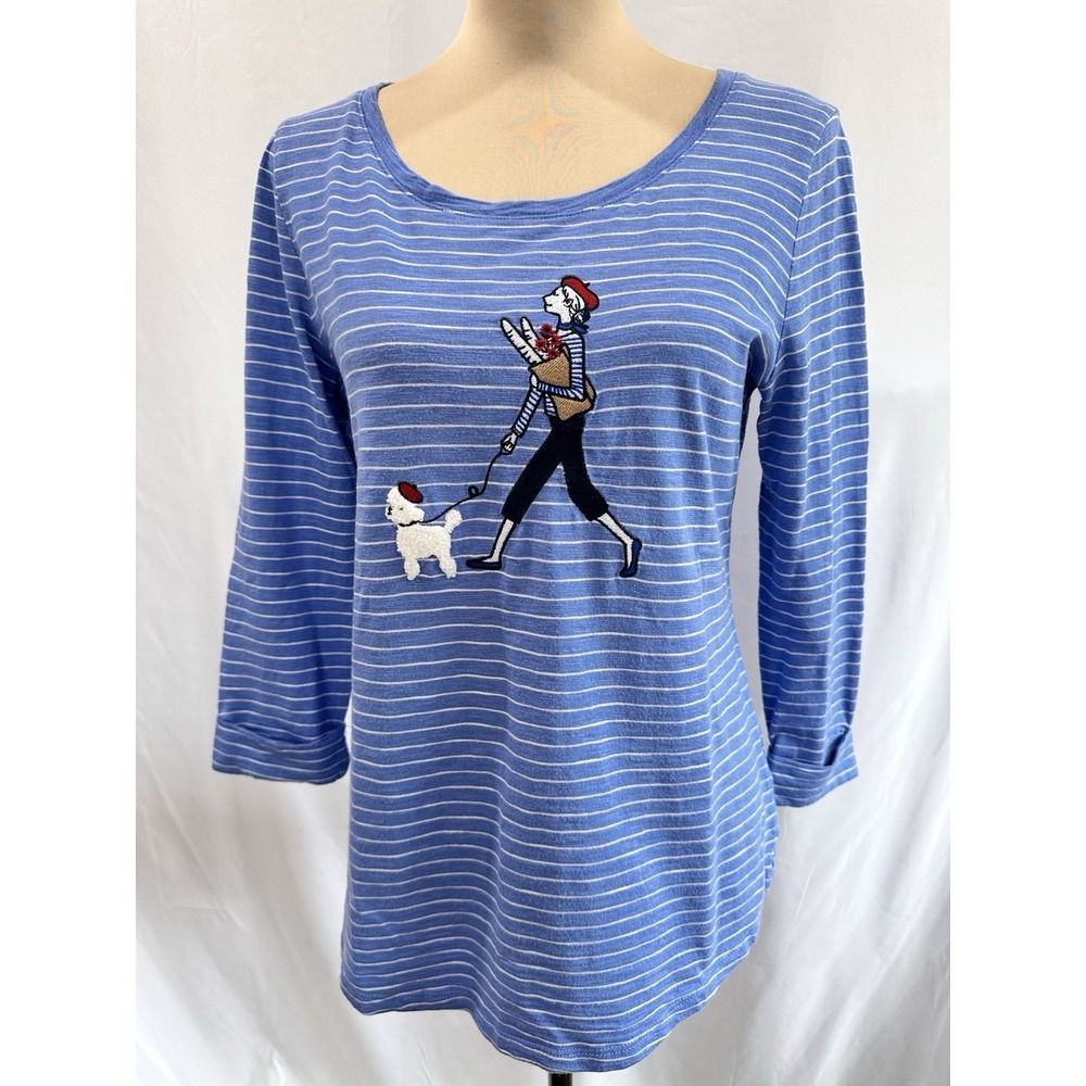 Talbots Blue White Striped Cotton Blend Dog Walker Embroidered Top 3/4‎ Sleeve
